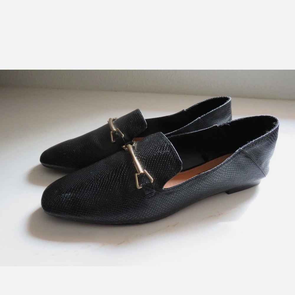 Zara Black Textured Loafers with Gold Detail